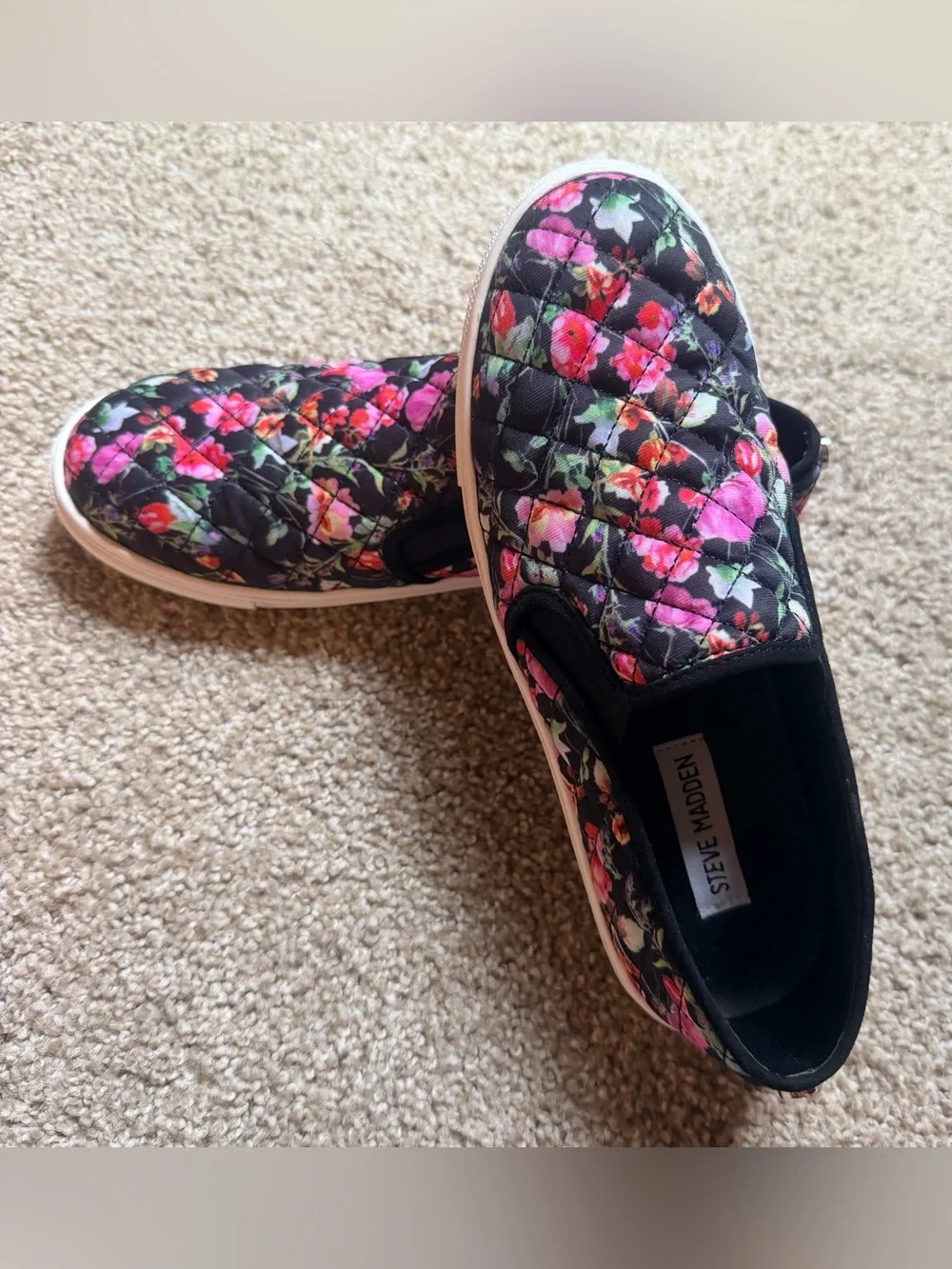 Steve Madden Black Quilted Slip-On Sneakers with Pink Floral Print